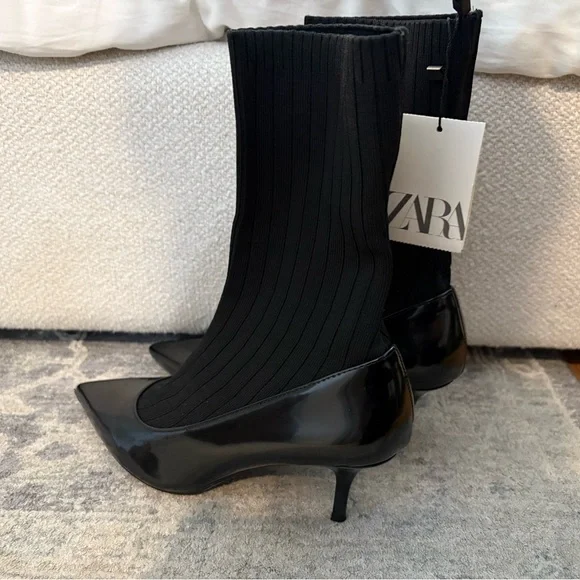 Zara Black Patent Sock Heels - Picture 1 of 5